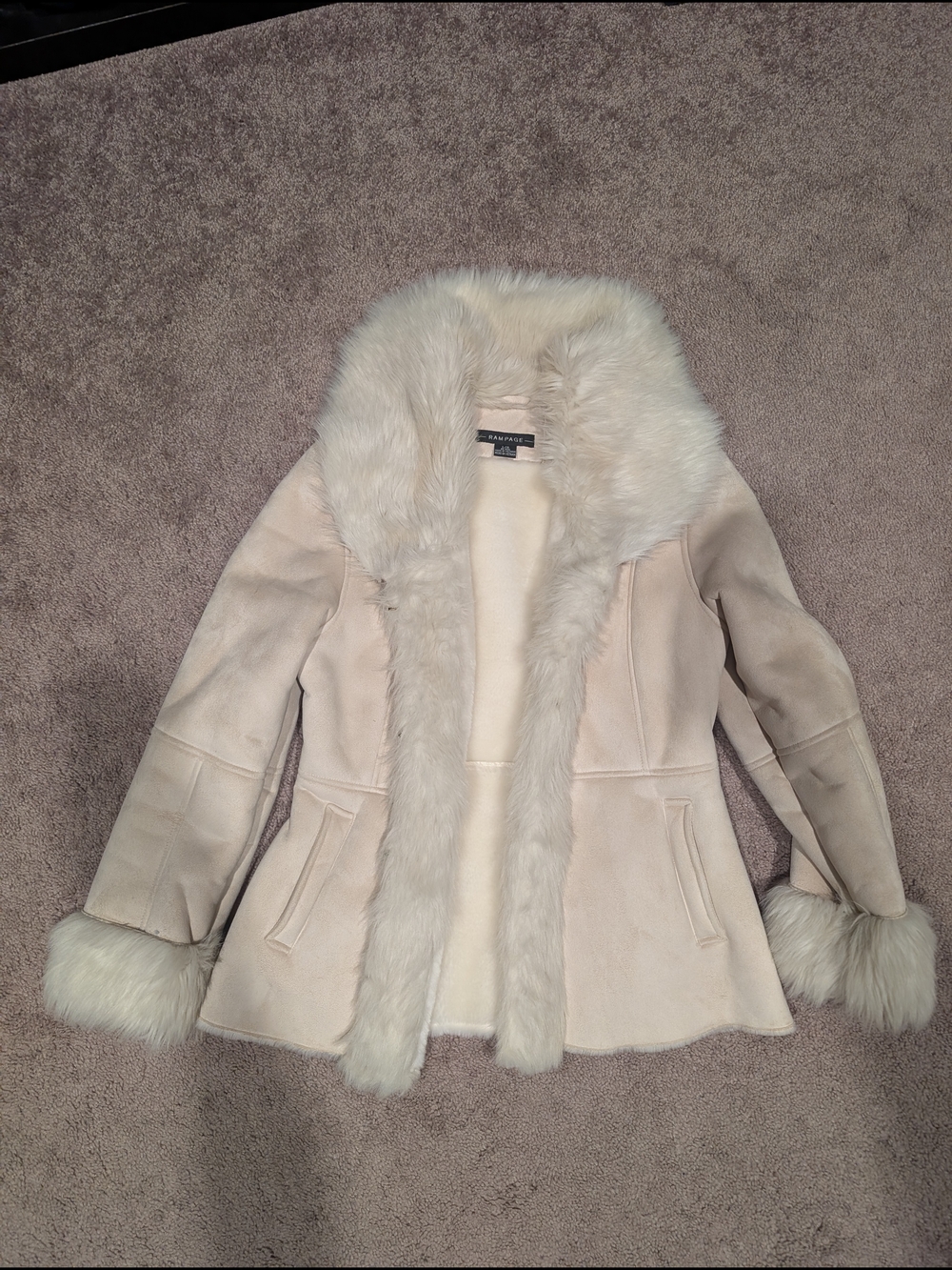 Rampage Cream Faux-Shearling Trench Coat with Fur Trim, Penny Lane Style